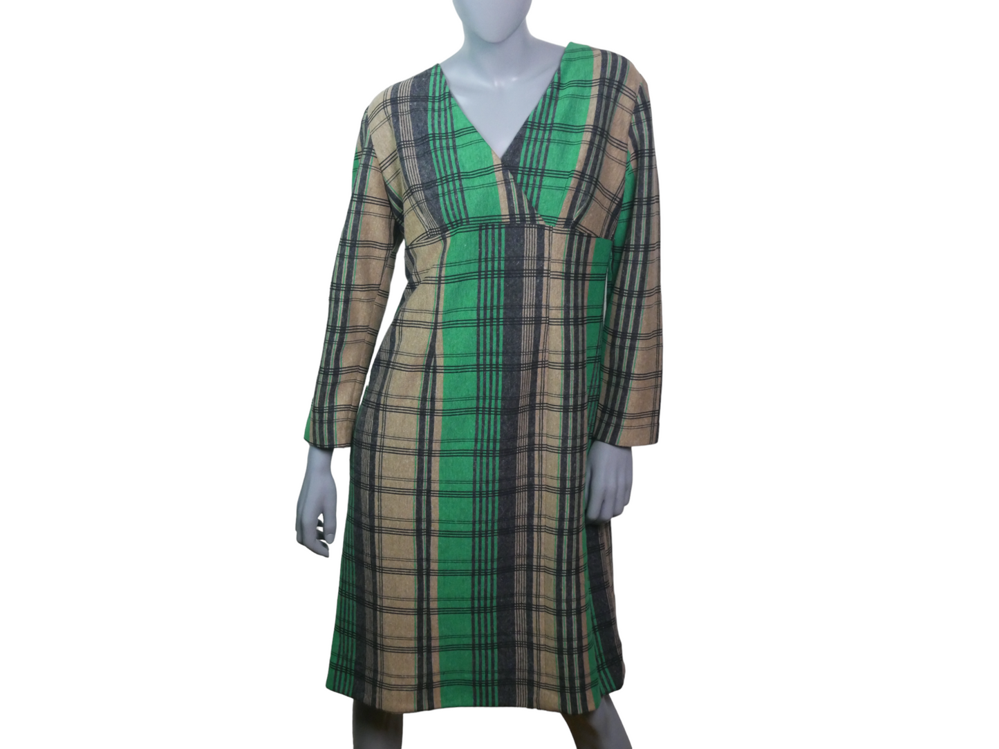 70s Vintage Wool Dress | Green Beige & Black Tartan Plaid | Extra Large