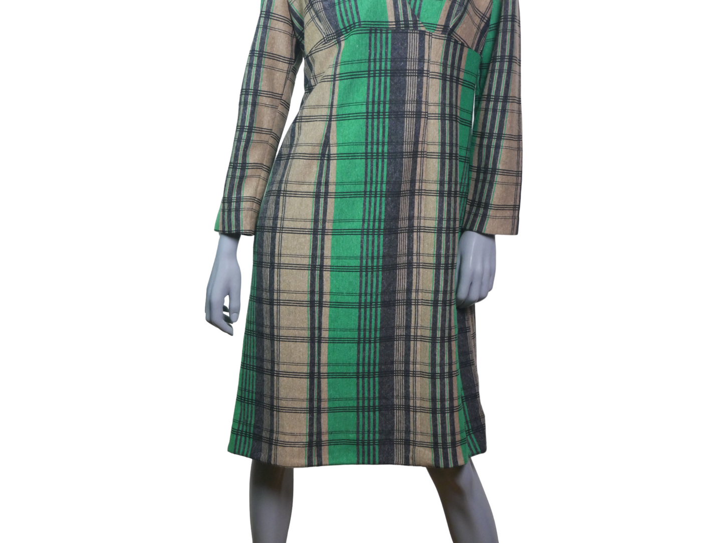70s Vintage Wool Dress | Green Beige & Black Tartan Plaid | Extra Large