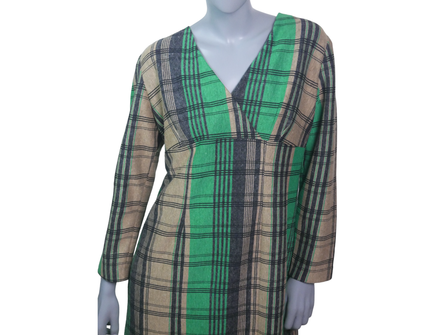 70s Vintage Wool Dress | Green Beige & Black Tartan Plaid | Extra Large
