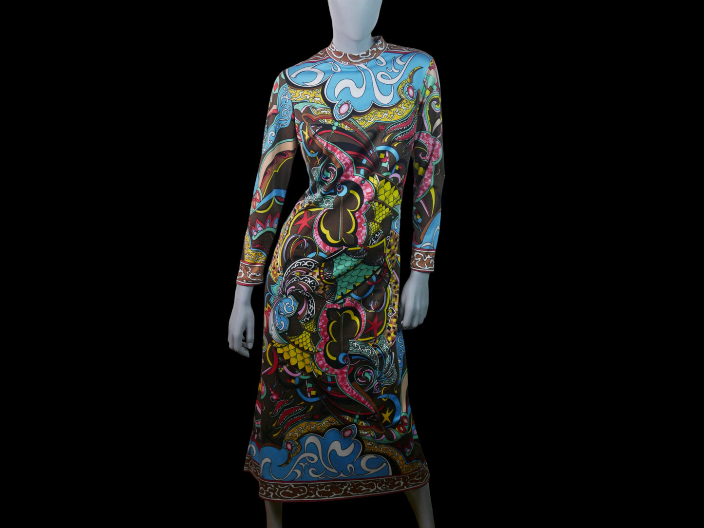 70s Italian Dress | Versace Style Abstract Pattern | Large