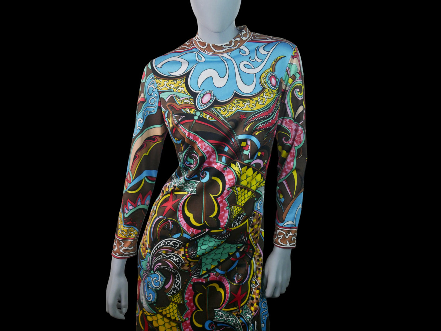 70s Italian Dress | Versace Style Abstract Pattern | Large