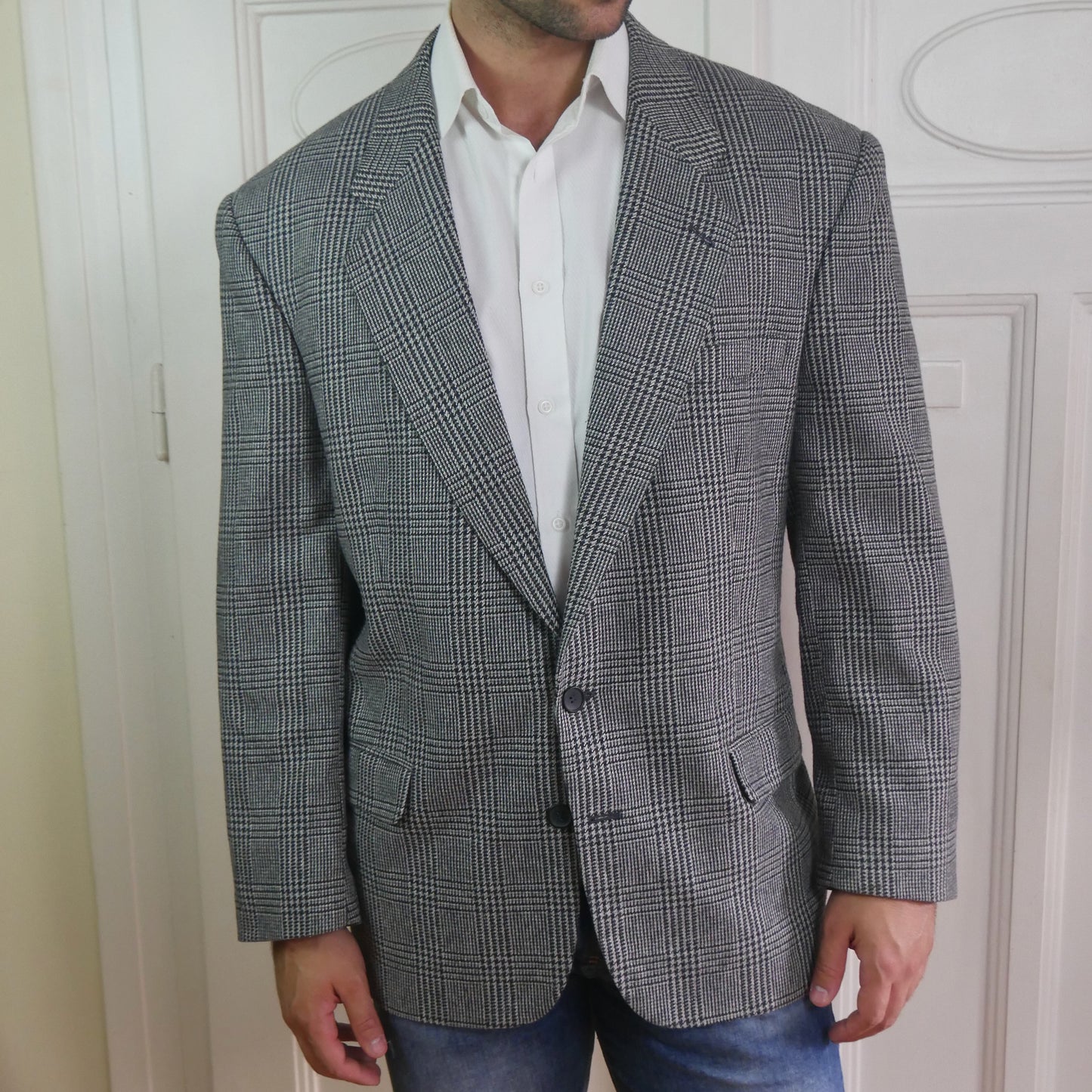 Tweed Blazer | 1980s Vintage Black & Gray Houndstooth Check | Extra Large