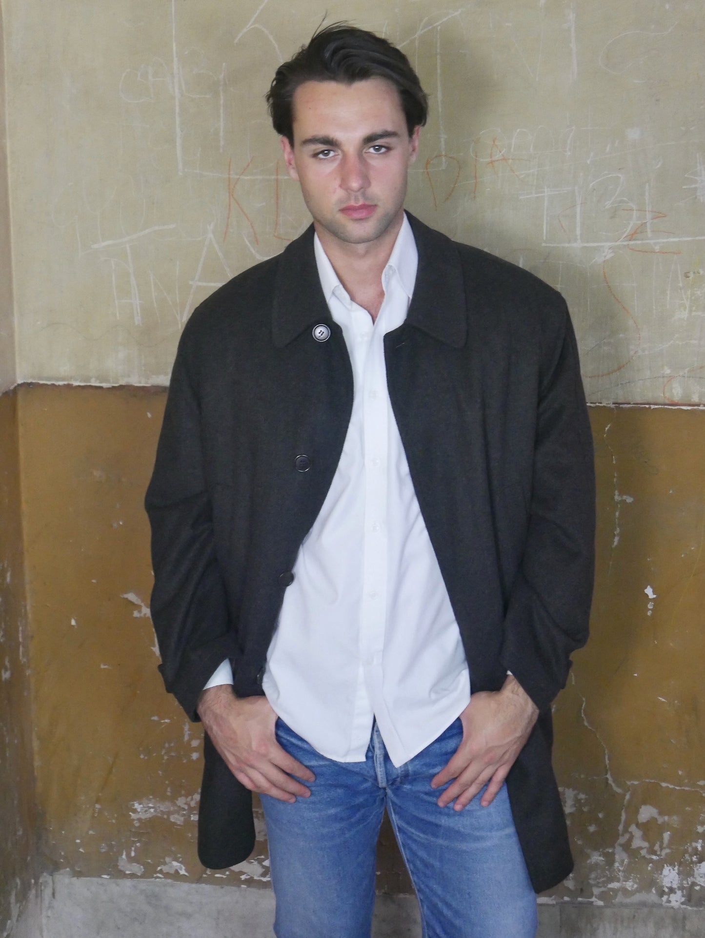 Men's Vintage Wool Coat with Detachable Faux Fleece Lining | Olive Brown | XL