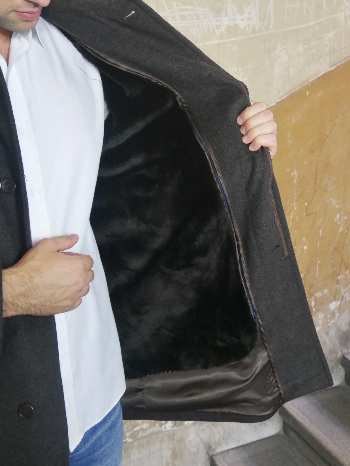 Men's Vintage Wool Coat with Detachable Faux Fleece Lining | Olive Brown | XL