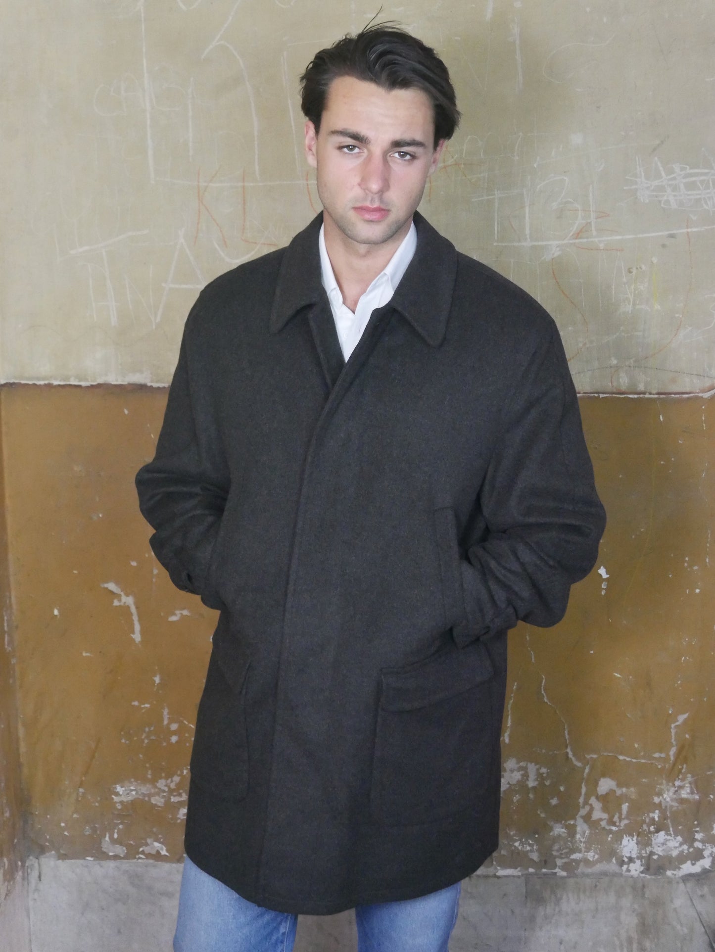 Men's Vintage Wool Coat with Detachable Faux Fleece Lining | Olive Brown | XL