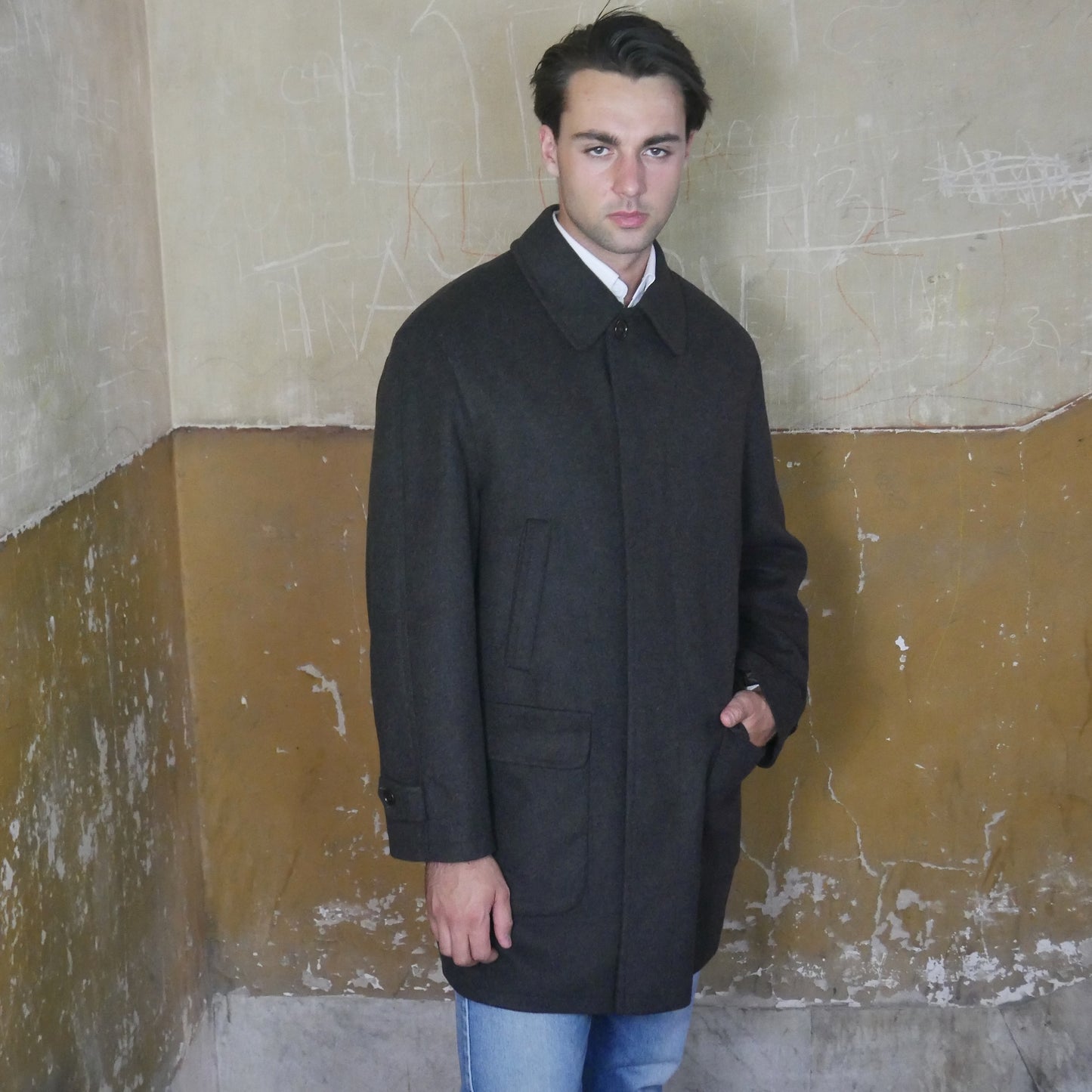 Men's Vintage Wool Coat with Detachable Faux Fleece Lining | Olive Brown | XL