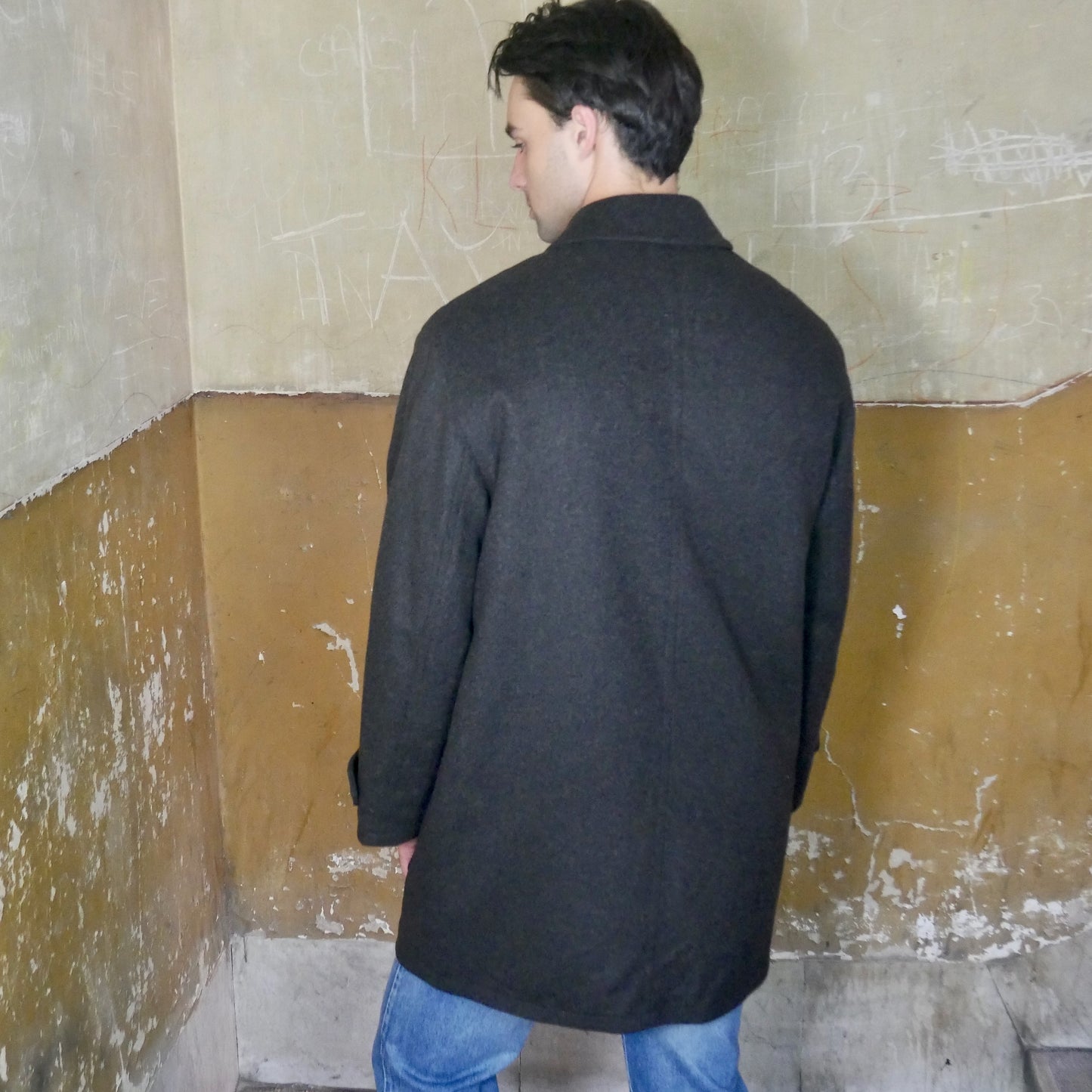 Men's Vintage Wool Coat with Detachable Faux Fleece Lining | Olive Brown | XL