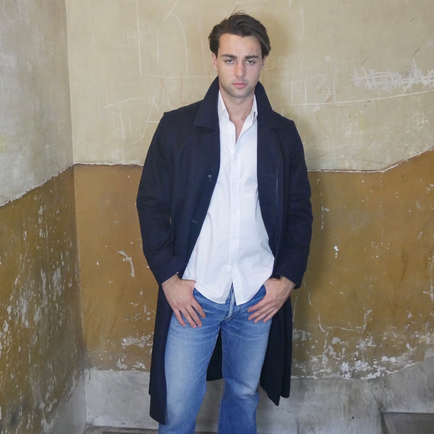 Navy Blue Loden Wool Coat | 90s Vintage Men's Long Winter Overcoat | Large