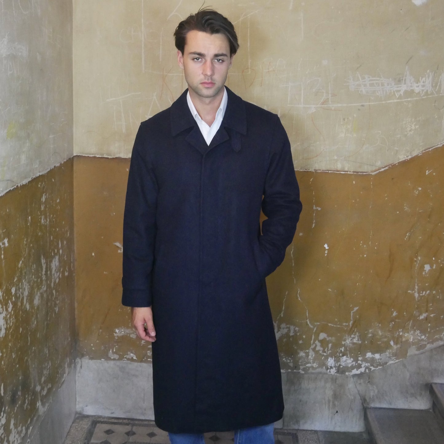 Navy Blue Loden Wool Coat | 90s Vintage Men's Long Winter Overcoat | Large
