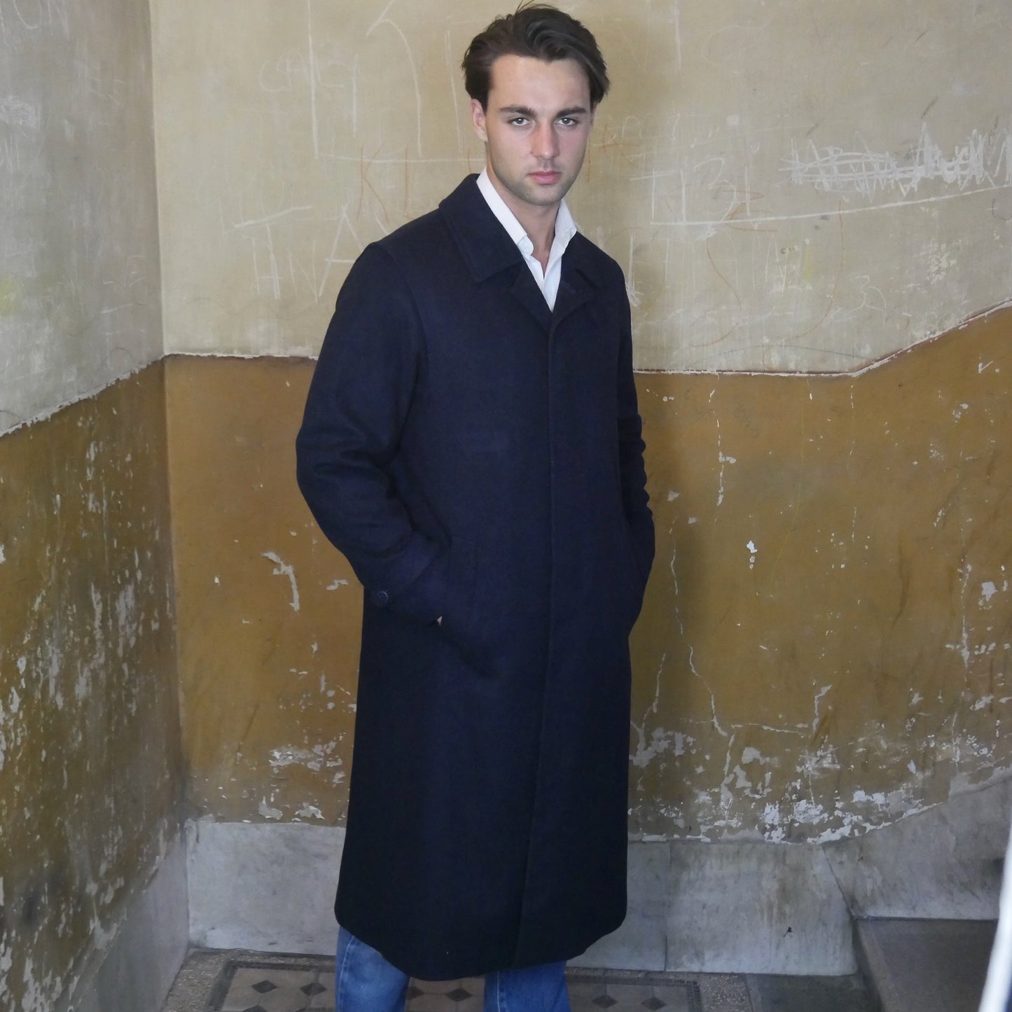 Navy Blue Loden Wool Coat | 90s Vintage Men's Long Winter Overcoat | Large