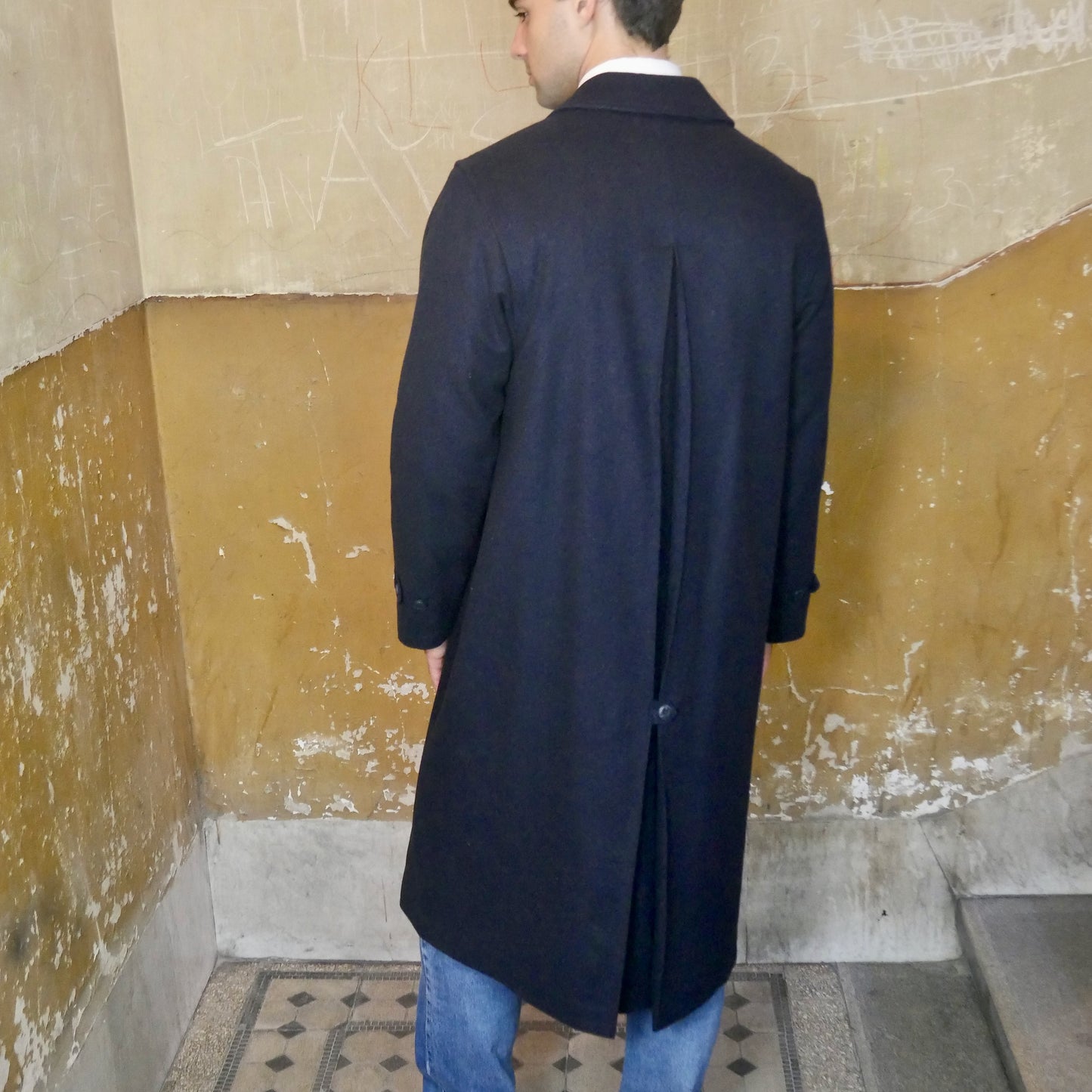 Navy Blue Loden Wool Coat | 90s Vintage Men's Long Winter Overcoat | Large