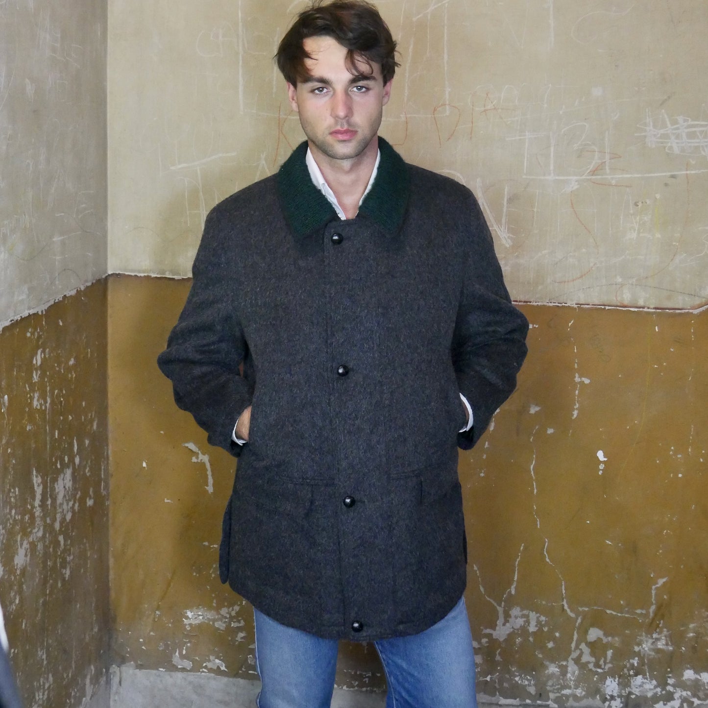 Charcoal Gray Loden Wool & Mohair Coat | 90s Austrian Vintage Winter Jacket | Large