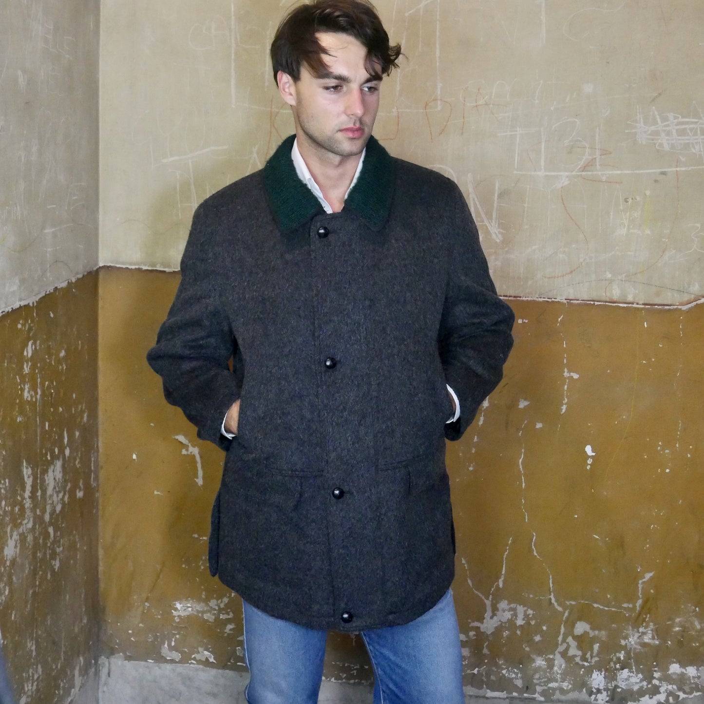 Charcoal Gray Loden Wool & Mohair Coat | 90s Austrian Vintage Winter Jacket | Large