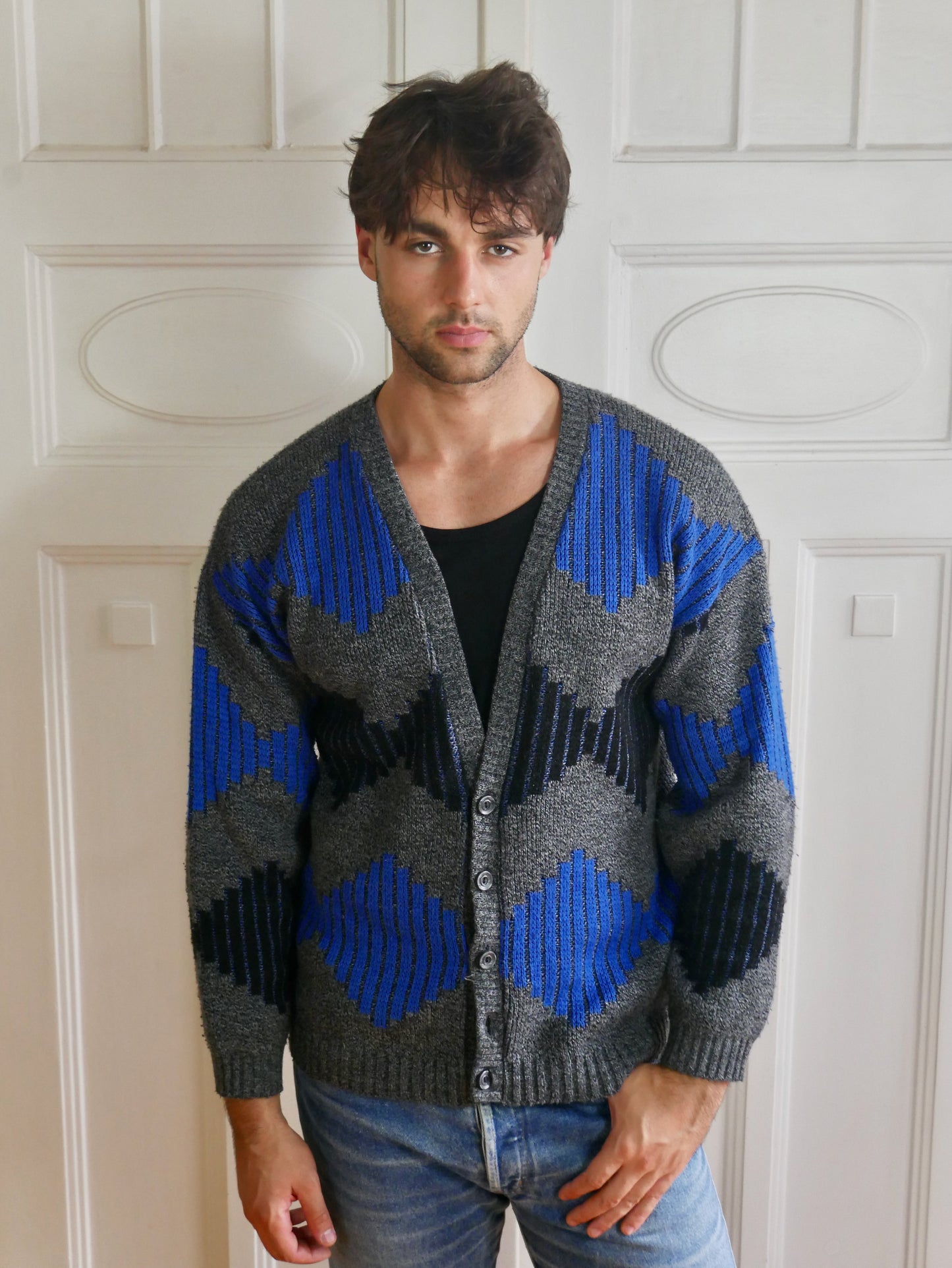 1980s Vintage Cardigan | Gray, Royal Blue, Black | Large