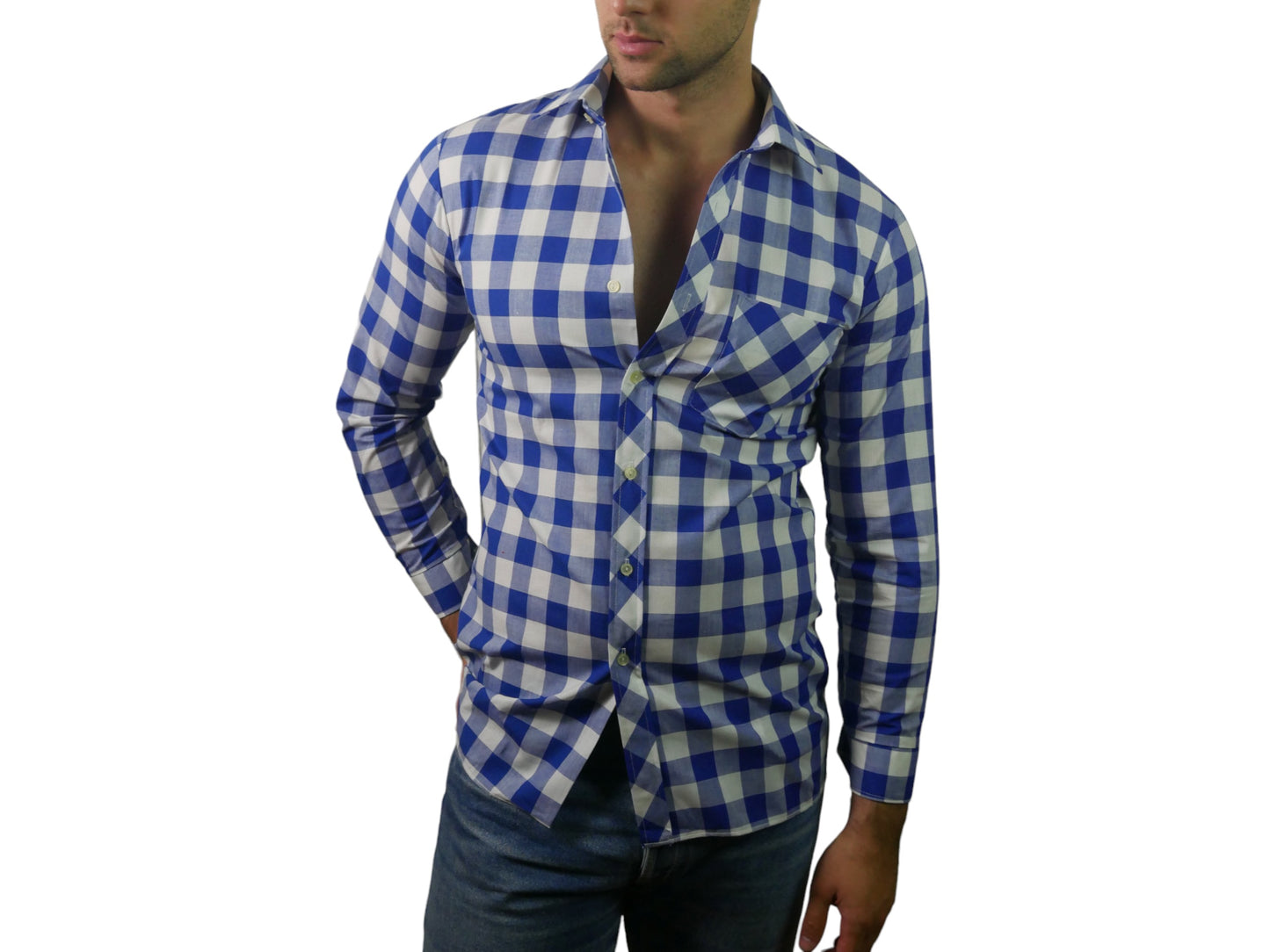 Blue & White Check Shirt | Long-Sleeve Cotton | Medium