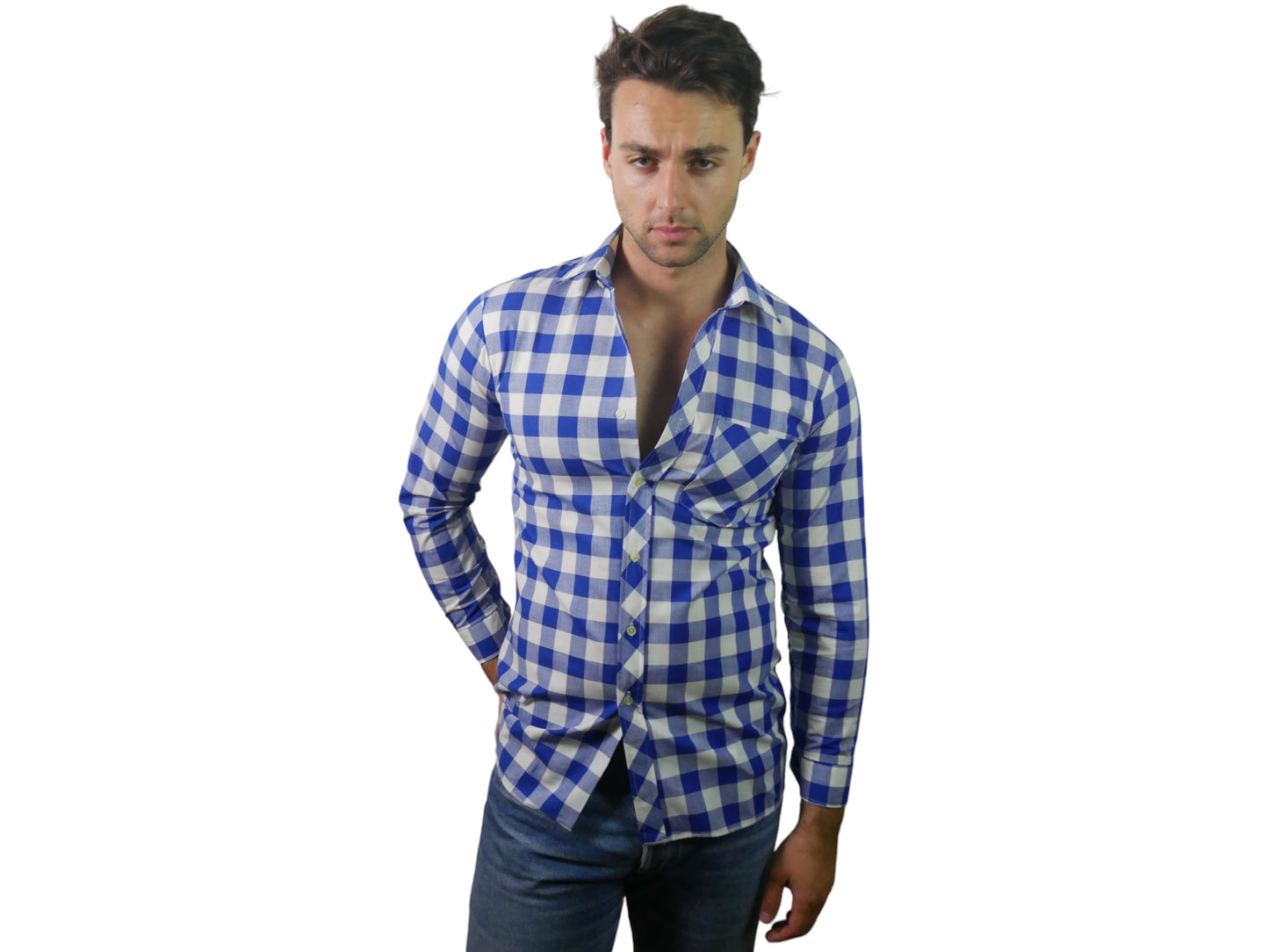 Blue & White Check Shirt | Long-Sleeve Cotton | Medium