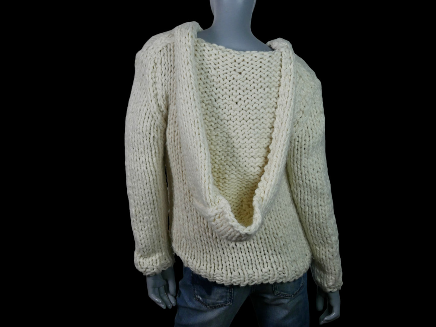 Vintage Knit Hoodie | Cream Chunky Soft Wool Pullover Sweater | Medium