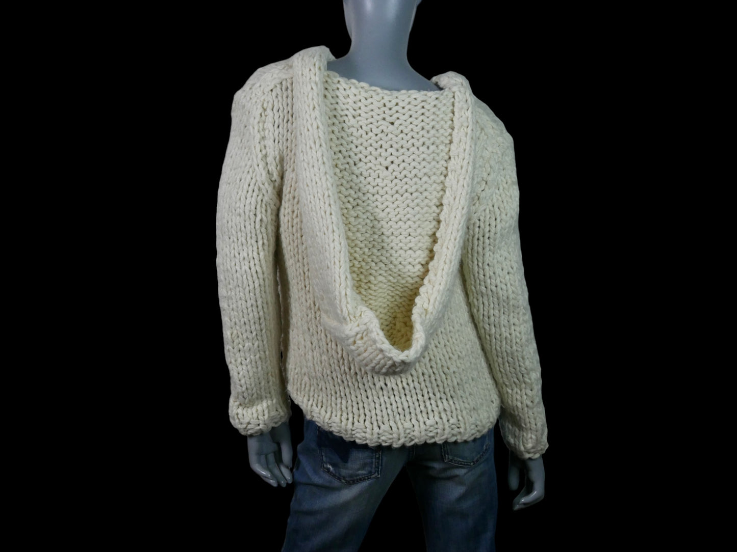 Vintage Knit Hoodie | Cream Chunky Soft Wool Pullover Sweater | Medium