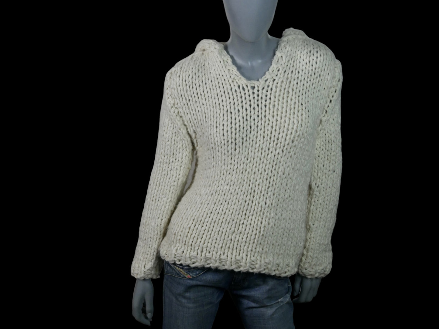 Vintage Knit Hoodie | Cream Chunky Soft Wool Pullover Sweater | Medium