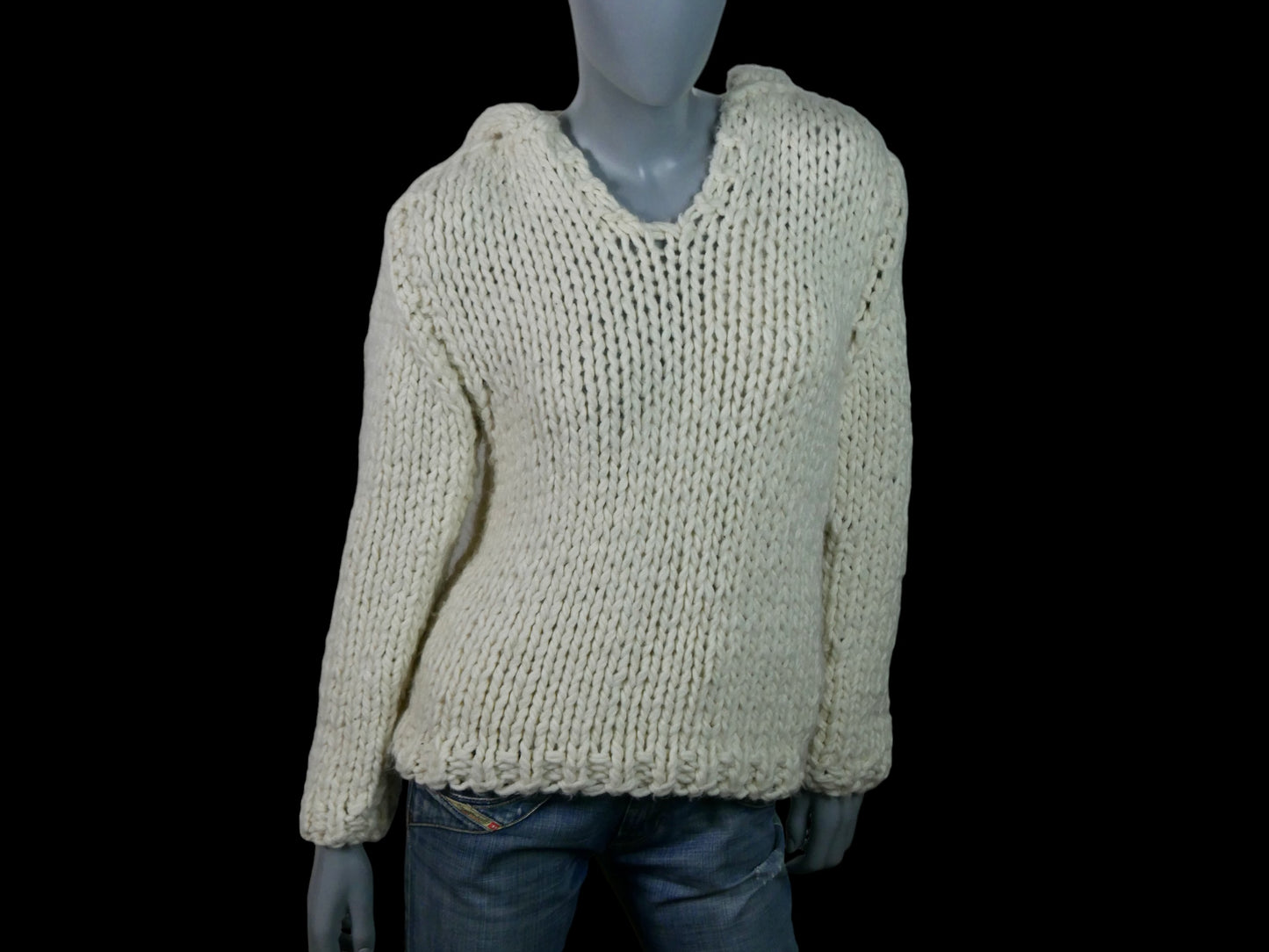 Vintage Knit Hoodie | Cream Chunky Soft Wool Pullover Sweater | Medium