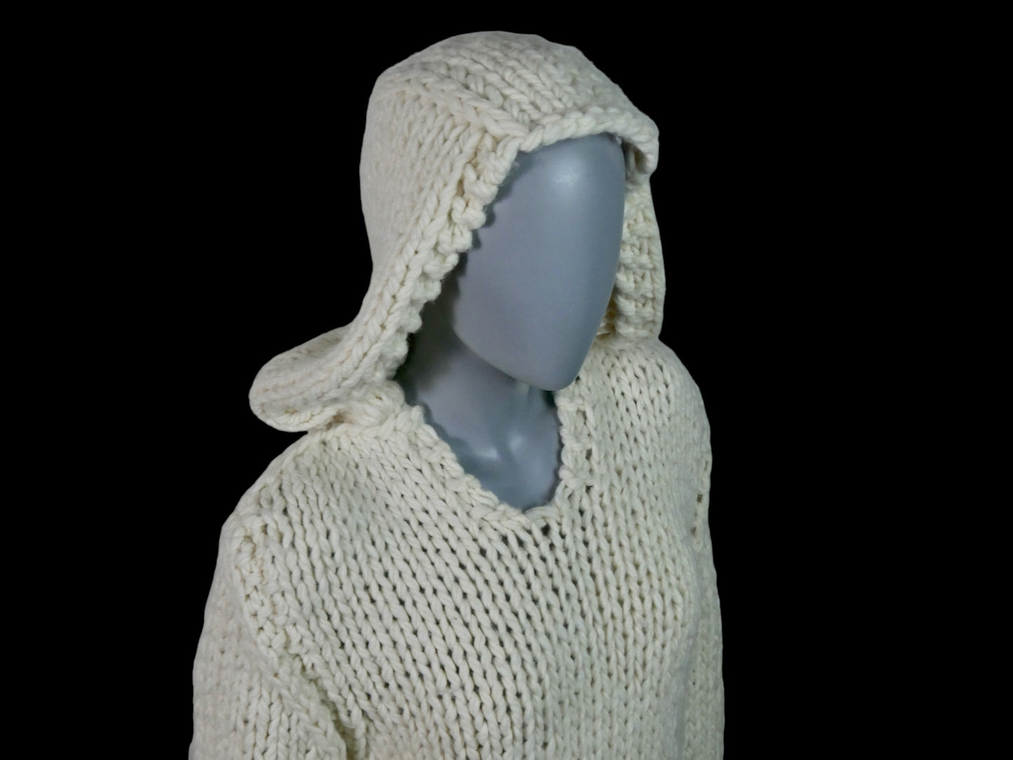 Vintage Knit Hoodie | Cream Chunky Soft Wool Pullover Sweater | Medium