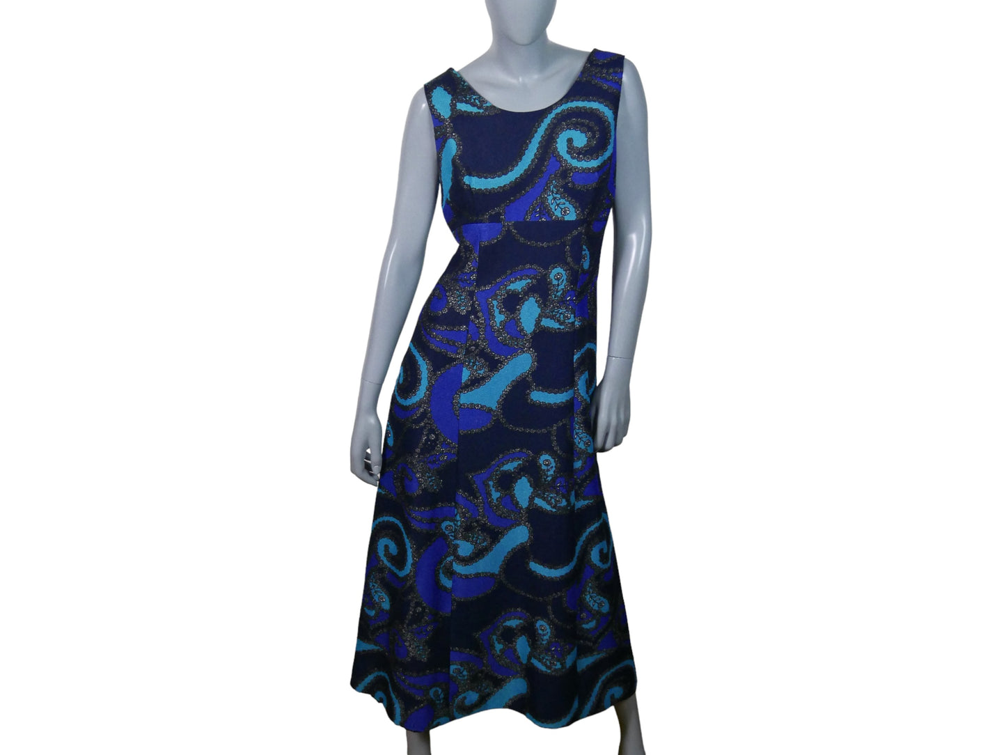60s Vintage Long Sleeveless Dress | Dark Blue Turquoise & Purple Maxi | Medium