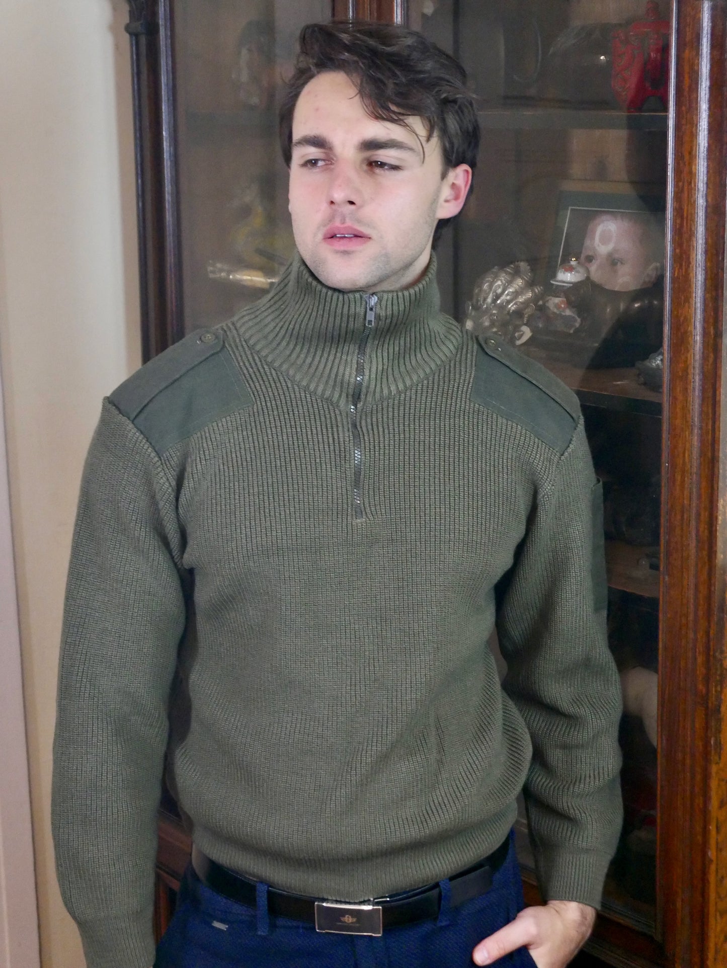 Vintage Military Sweater | Olive Green Wool Knit Henley Turtleneck | Large