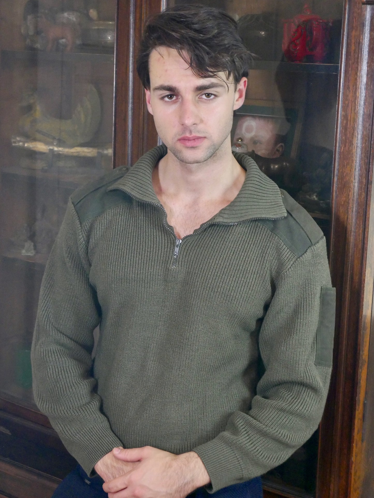 Vintage Military Sweater | Olive Green Wool Knit Henley Turtleneck | Large