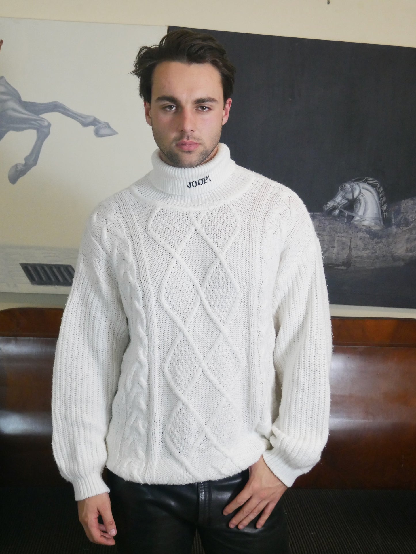White Cable Knit Turtleneck Sweater | 90s German Vintage | Extra Large