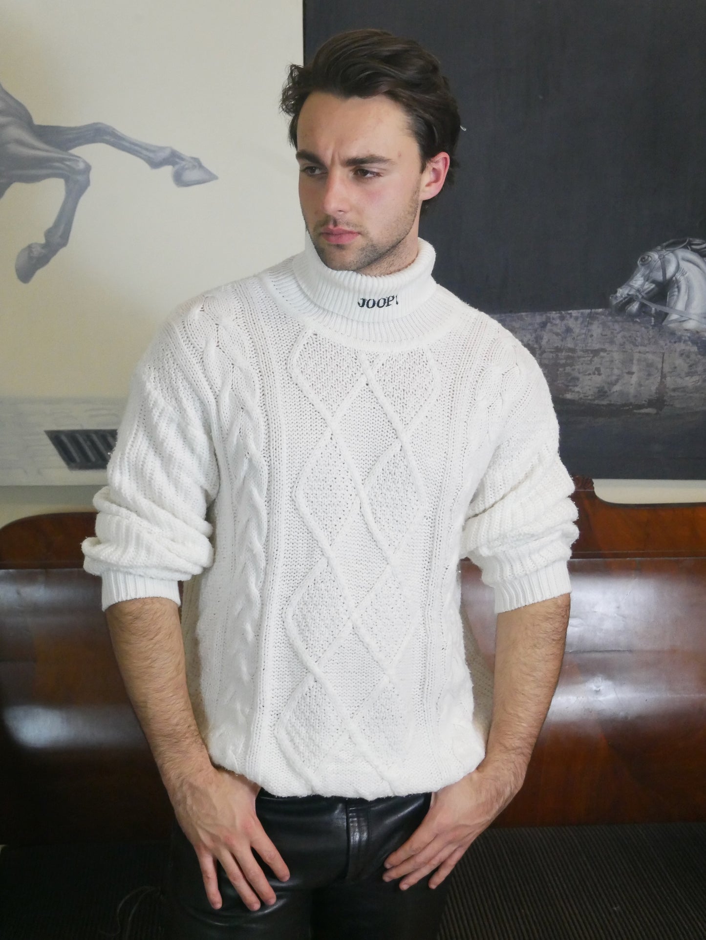 White Cable Knit Turtleneck Sweater | 90s German Vintage | Extra Large