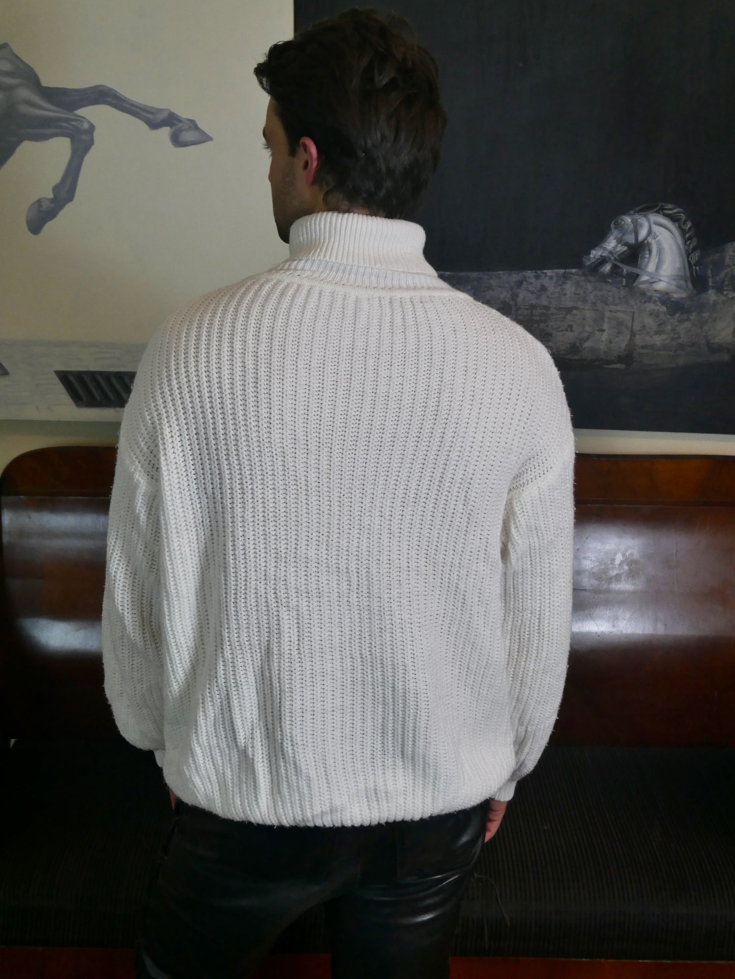 White Cable Knit Turtleneck Sweater | 90s German Vintage | Extra Large