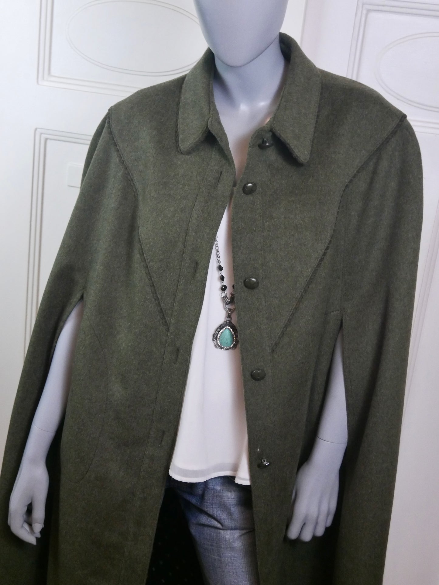 Vintage Cape Coat | Olive Green Loden Wool 1980s | Medium