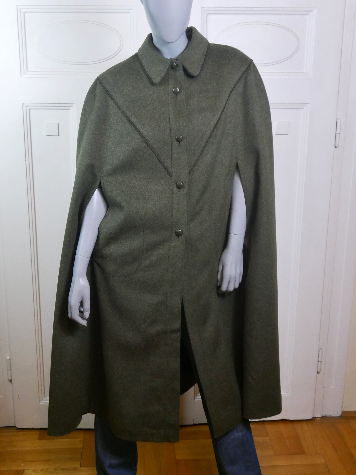Vintage Cape Coat | Olive Green Loden Wool 1980s | Medium