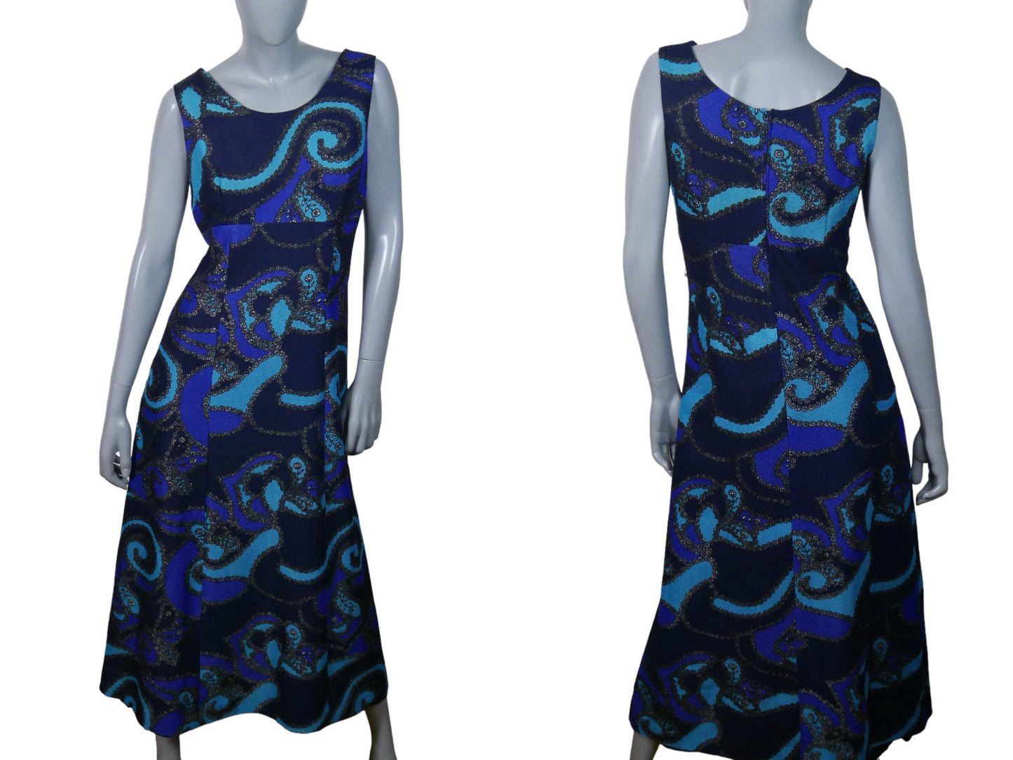 60s Vintage Long Sleeveless Dress | Dark Blue Turquoise & Purple Maxi | Medium
