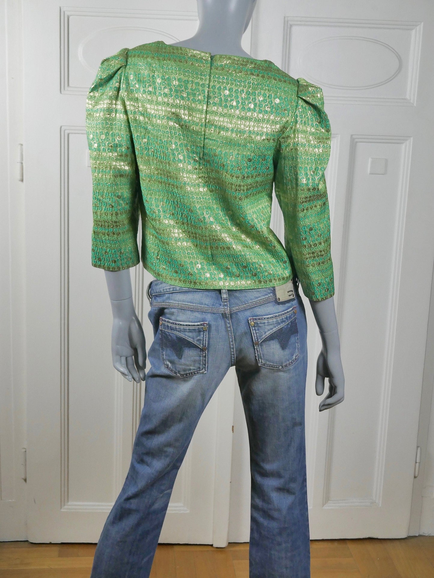 1960s Green & Gold Lurex Blouse | European Vintage Puff Sleeve Top | Medium Leo Gabor Vintage