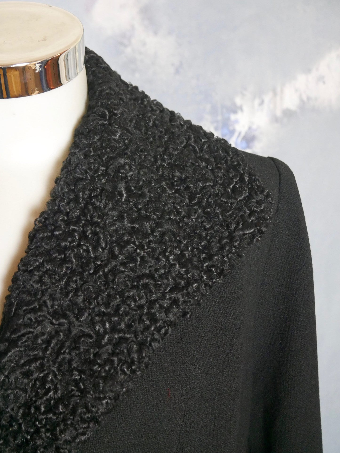 1960s Long Black Wool Coat with Lamb Fur Collar | Extra Large Leo Gabor Vintage