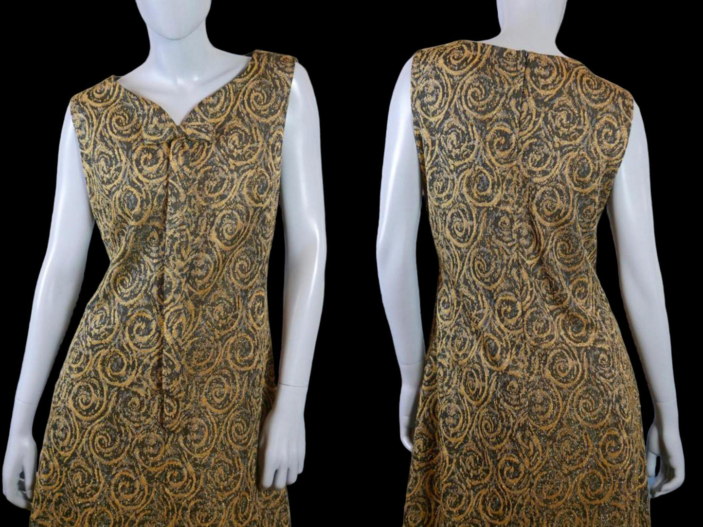1960s Sleeveless Dress | Gold and Brown Abstract Pattern Midi Maxi Leo Gabor Vintage