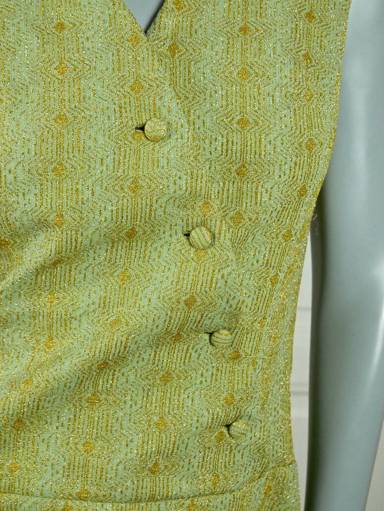 1960s Vintage European Mini Dress | Mint Green and Gold Lurex Brocade | Mad Men Style Leo Gabor Vintage