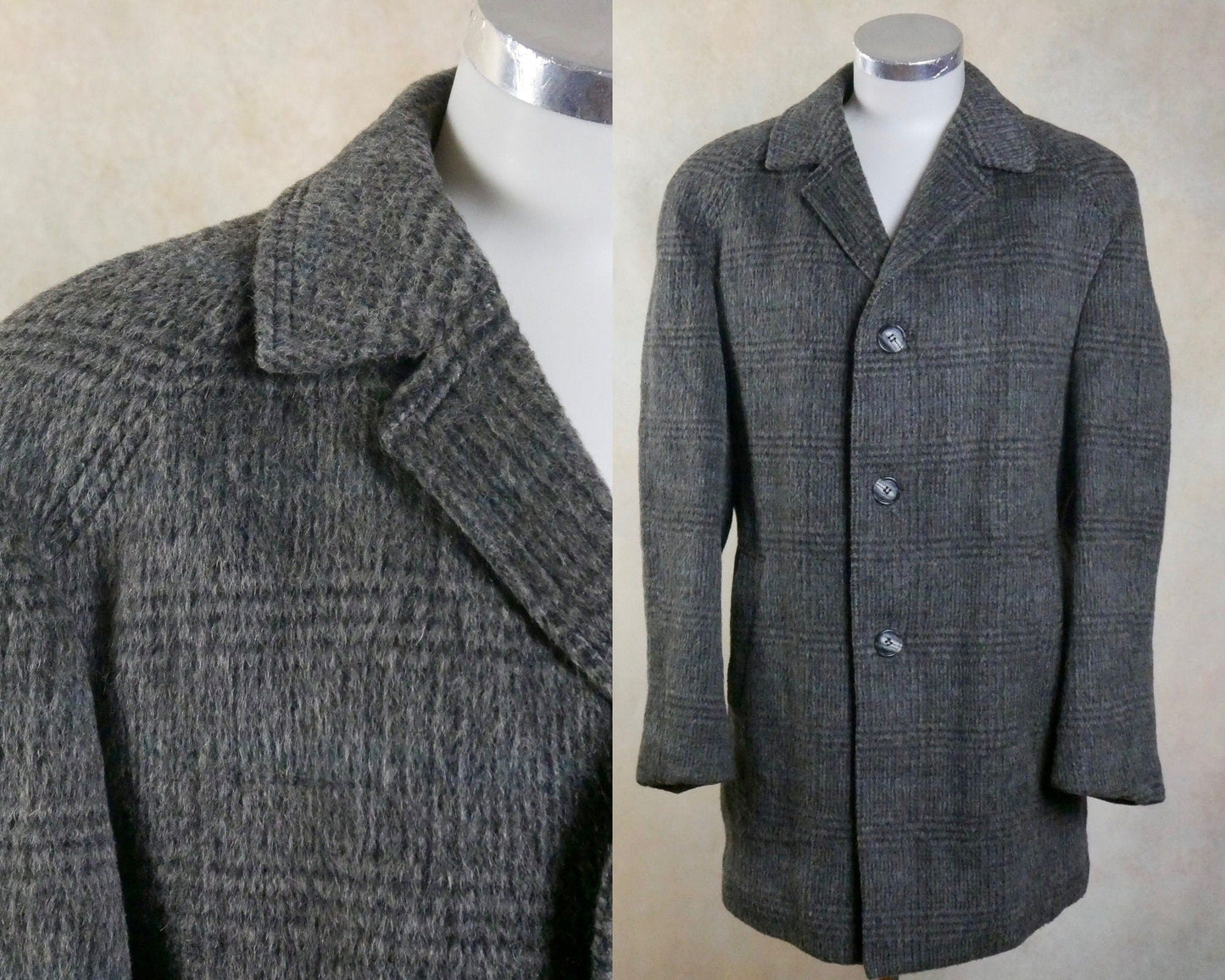 1960s Vintage Gray Wool Coat: Subtle Plaid Pattern with Blue Undertones Leo Gabor Vintage