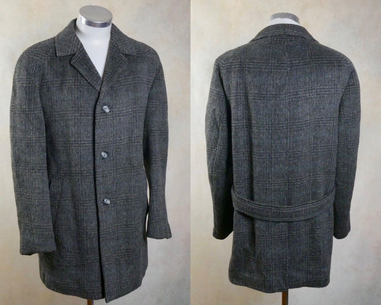 1960s Vintage Gray Wool Coat: Subtle Plaid Pattern with Blue Undertones Leo Gabor Vintage