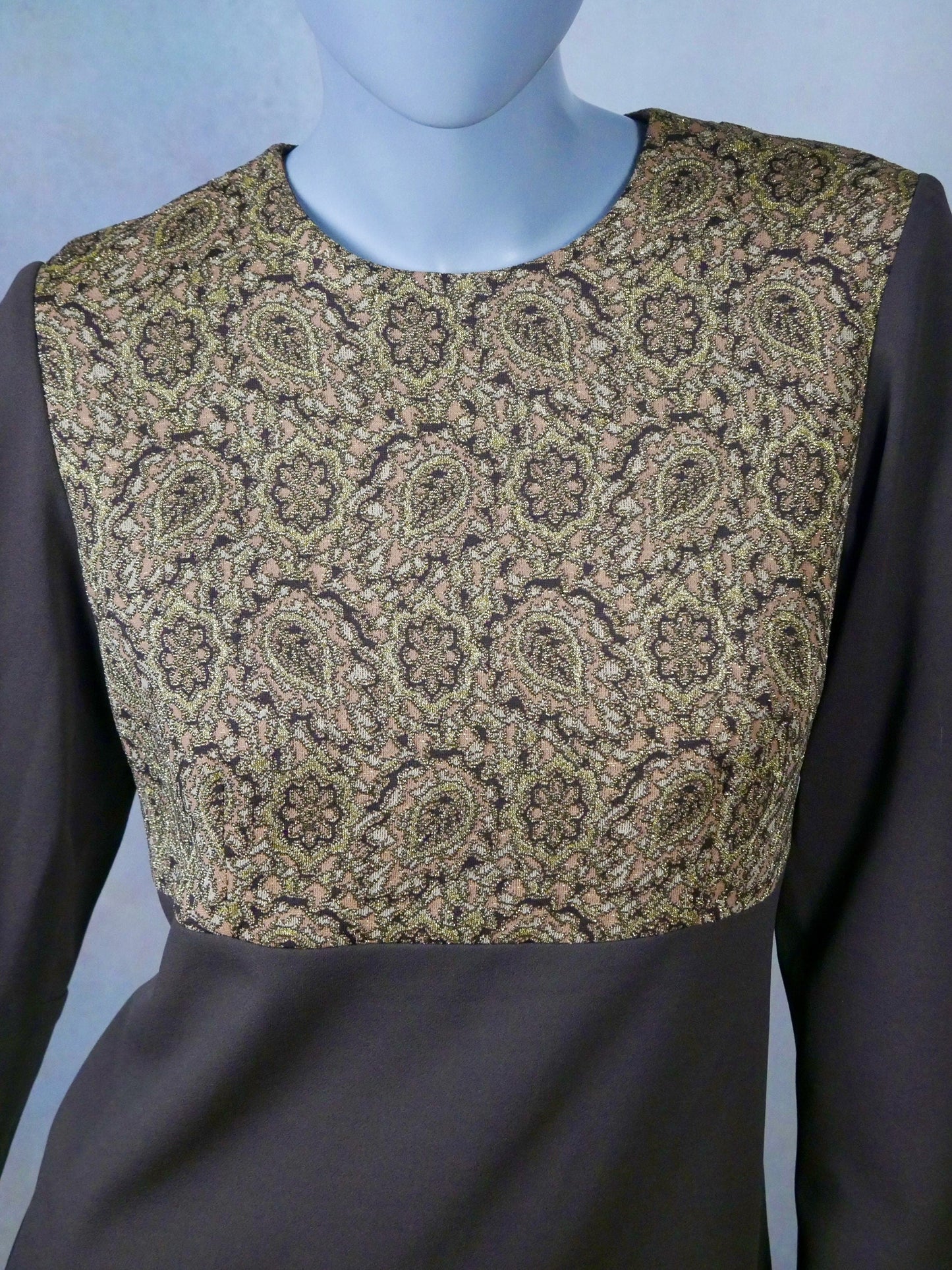 1960s Vintage Long Dress, Brown Maxi with Metallic Gold Brocade Leo Gabor Vintage