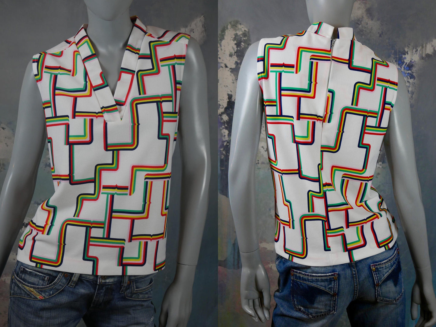 1960s Vintage Sleeveless White Summer Blouse with Colorful Cubist Pattern Leo Gabor Vintage