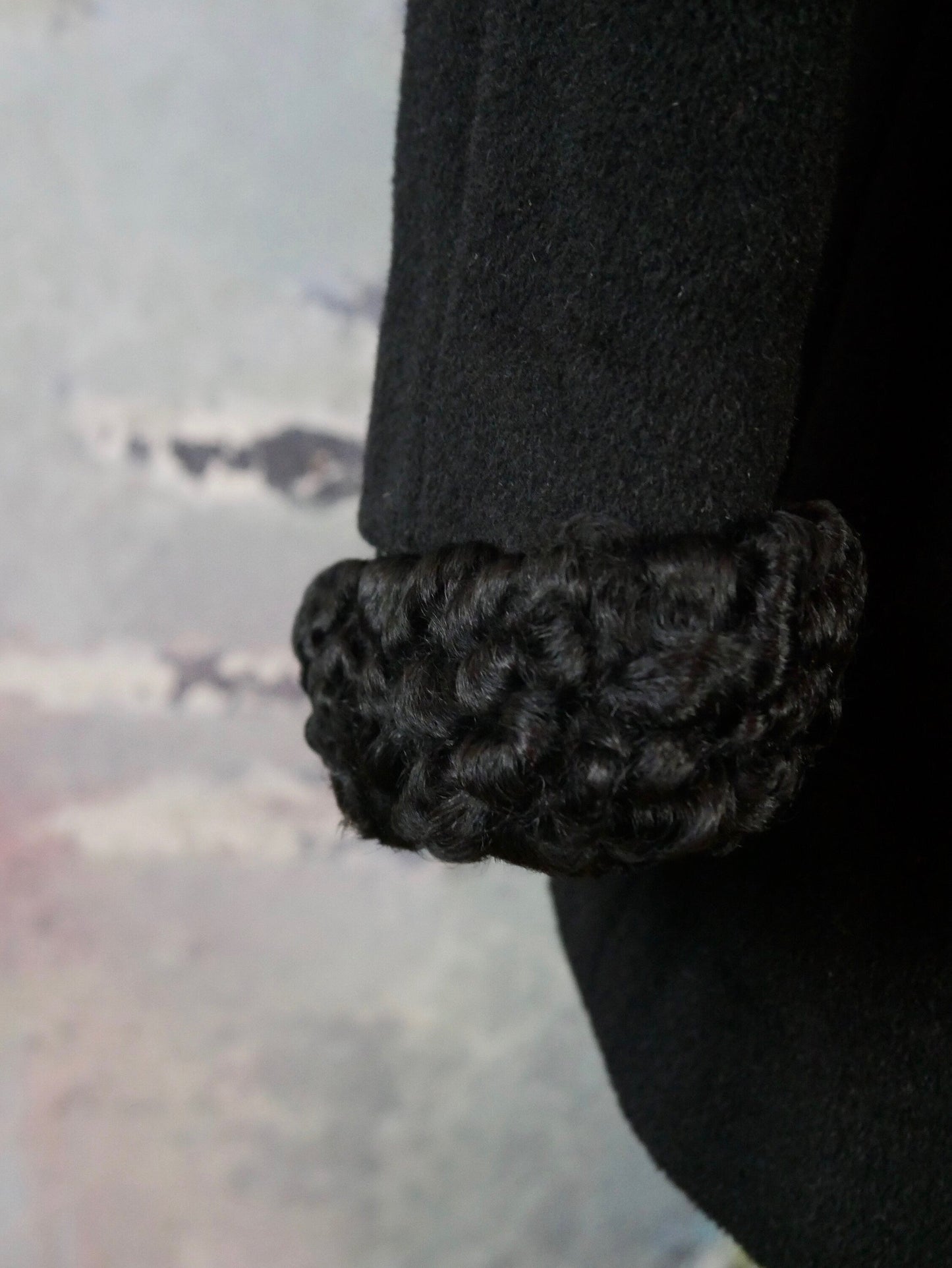 1960s Vintage Winter Jacket | Black Wool with Karakul Lamb Fur Collar Leo Gabor Vintage