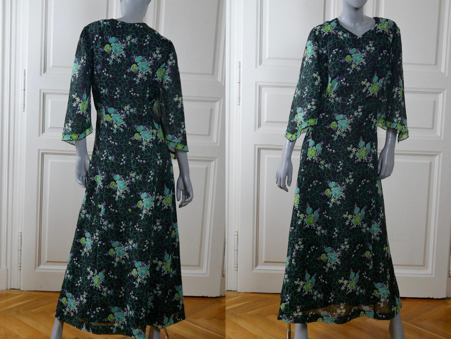 1970s Bohemian Maxi, Long Black Dress w Turquoise & Green Floral Pattern Leo Gabor Vintage