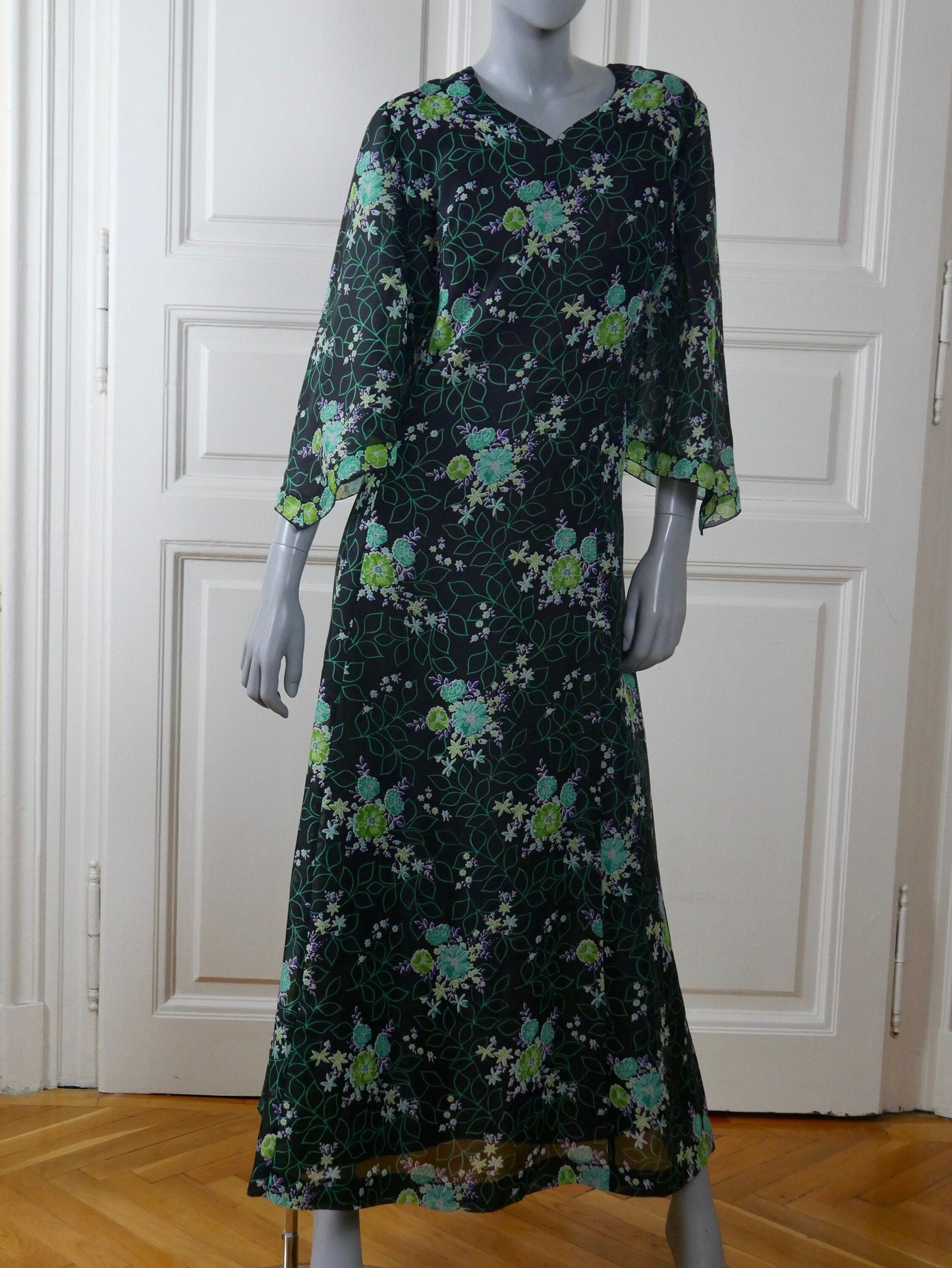 1970s Bohemian Maxi, Long Black Dress w Turquoise & Green Floral Pattern Leo Gabor Vintage