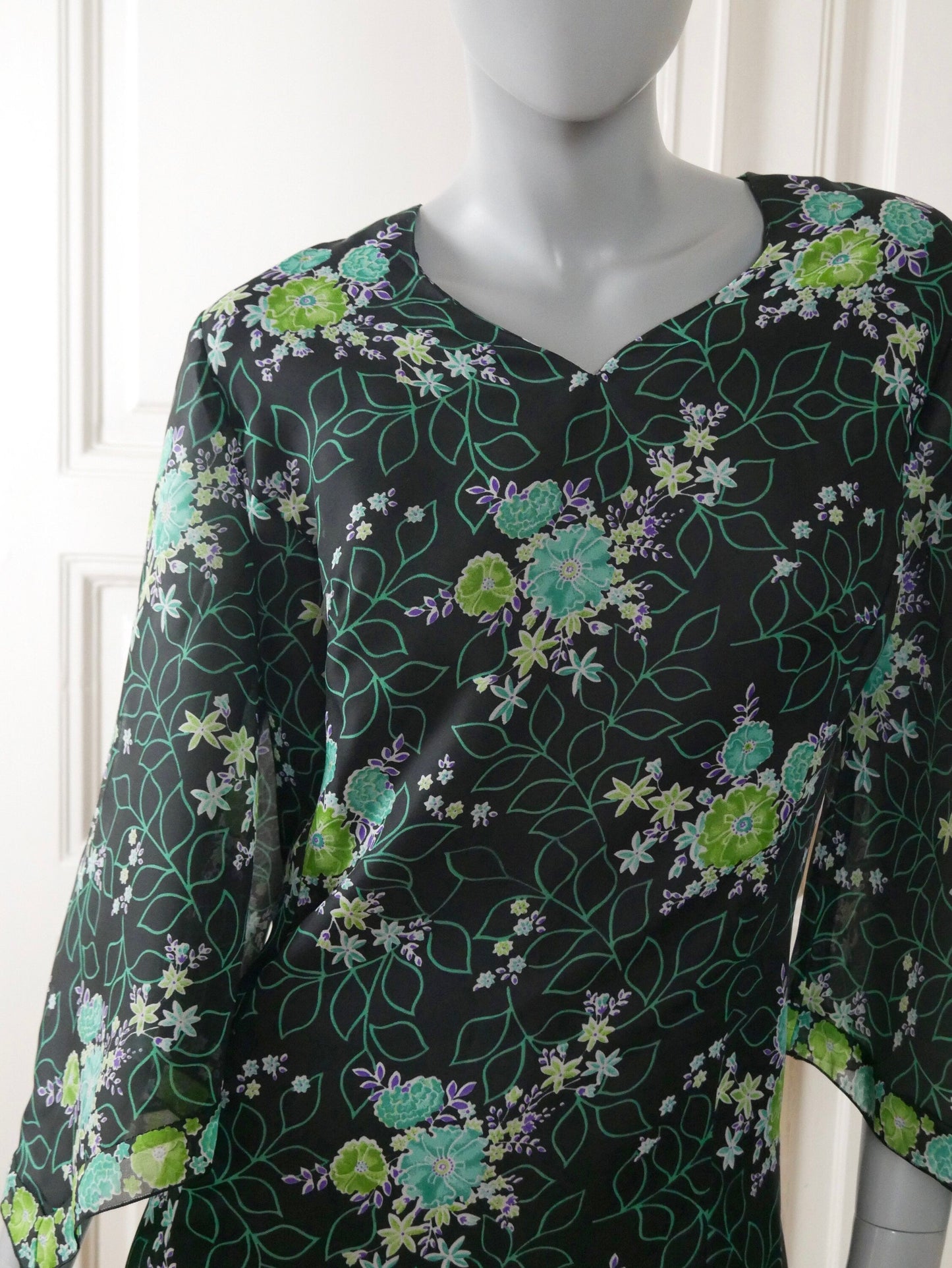1970s Bohemian Maxi, Long Black Dress w Turquoise & Green Floral Pattern Leo Gabor Vintage