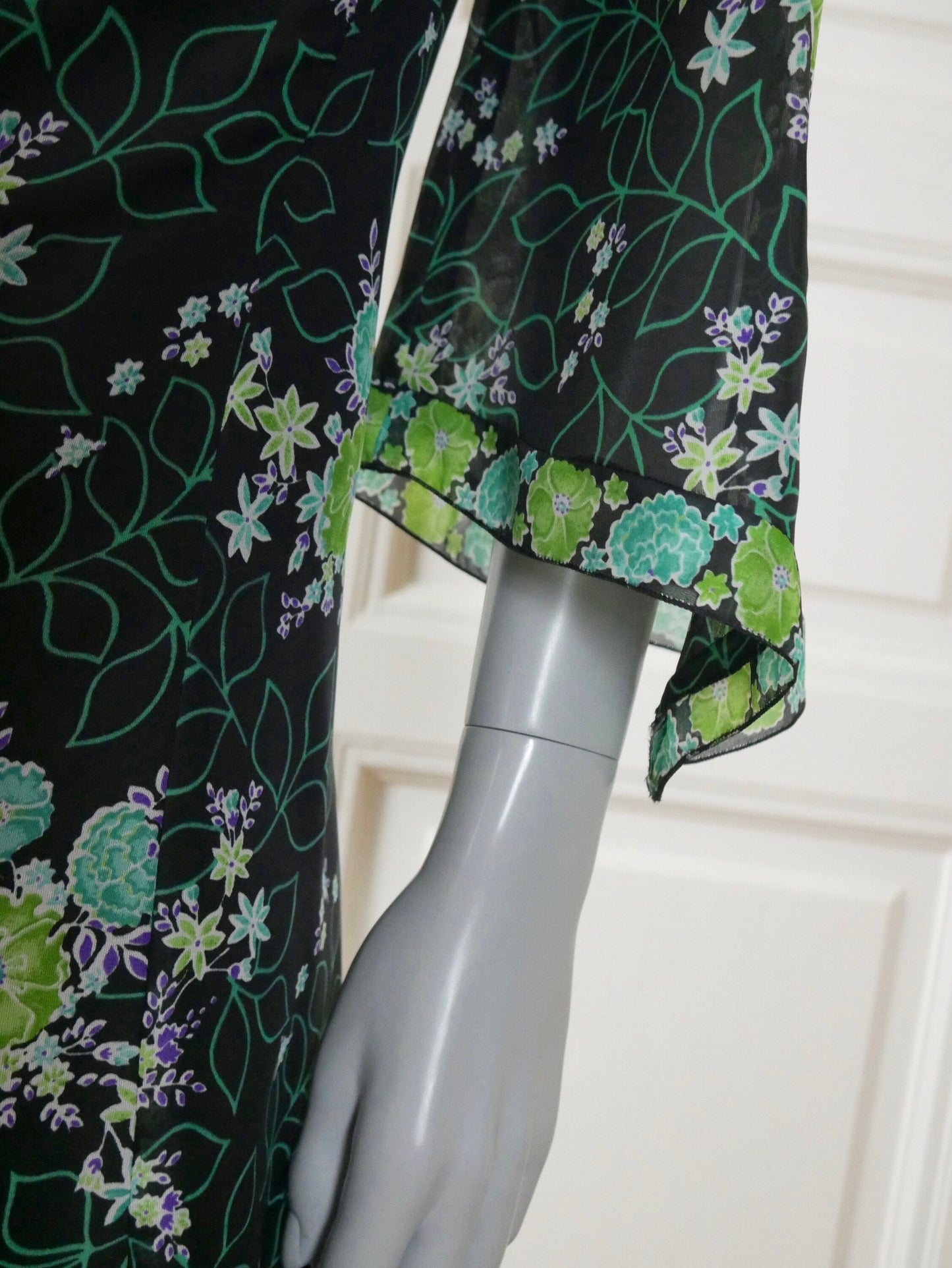 1970s Bohemian Maxi, Long Black Dress w Turquoise & Green Floral Pattern Leo Gabor Vintage