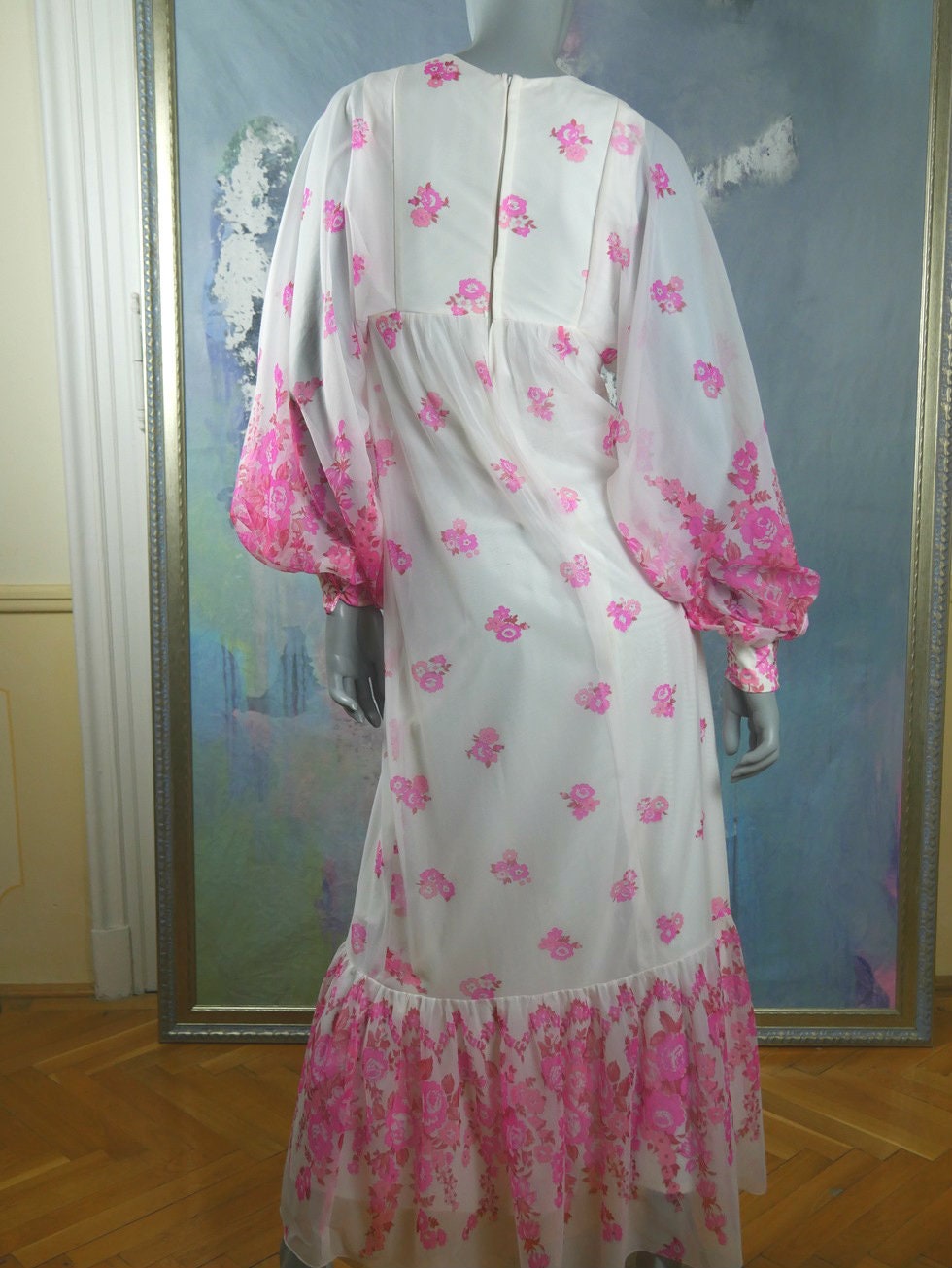 1970s Boho Maxi | White Pink Floral Flowy Puff Sleeve Long Dress Leo Gabor Vintage