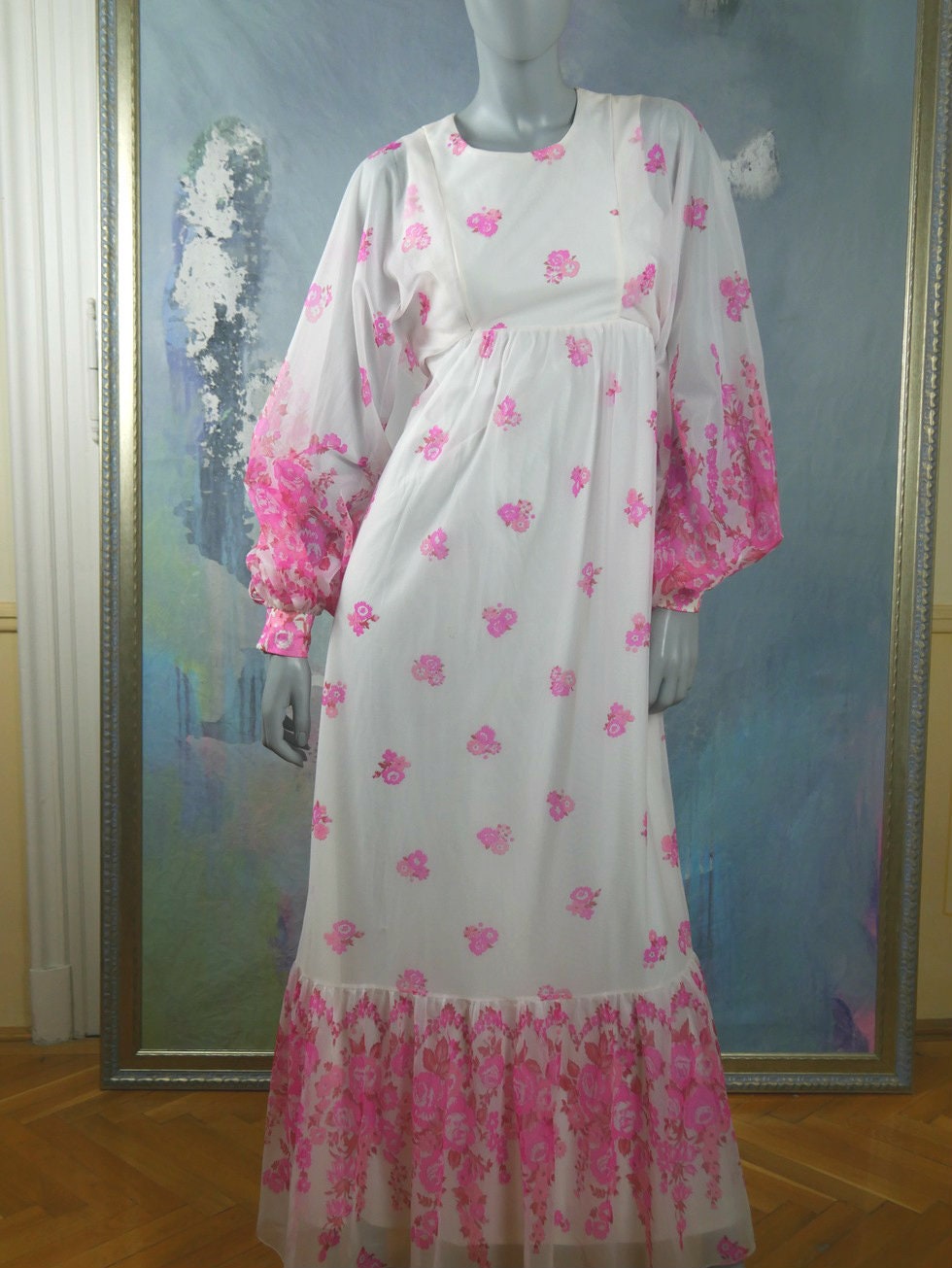 1970s Boho Maxi | White Pink Floral Flowy Puff Sleeve Long Dress Leo Gabor Vintage