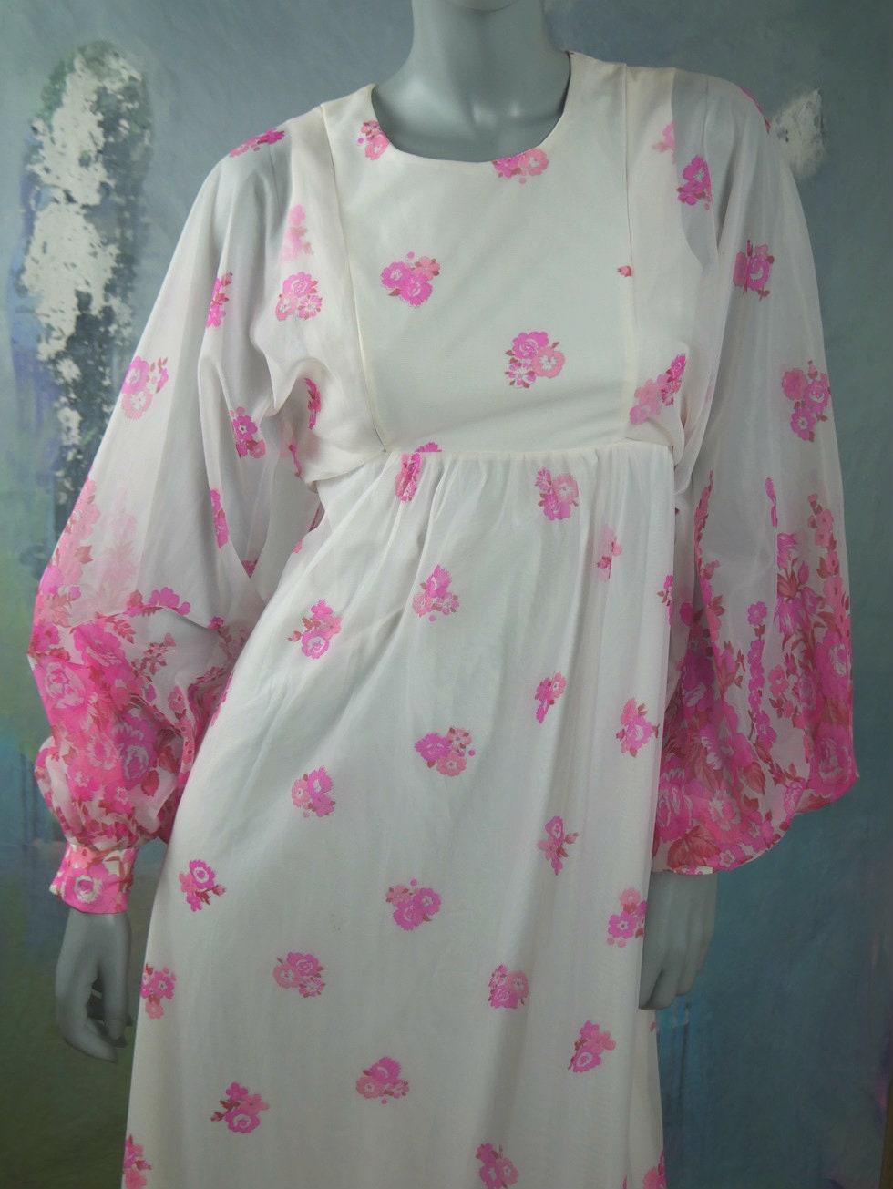 1970s Boho Maxi | White Pink Floral Flowy Puff Sleeve Long Dress Leo Gabor Vintage